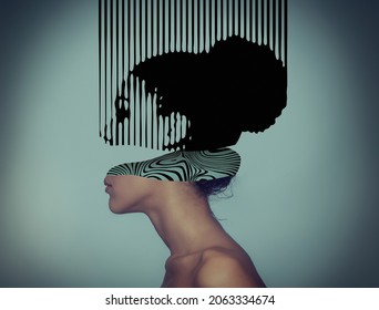 Junge schöne afrikanische Amerikanerin meditiert oder Träume mit einem oberen Teil ihres Kopfes macht aus einer Barcode-Illustration. С zeitgenössische Kunstcollage, trendiger städtischer minimalistischer Zeitschriftenstil.  