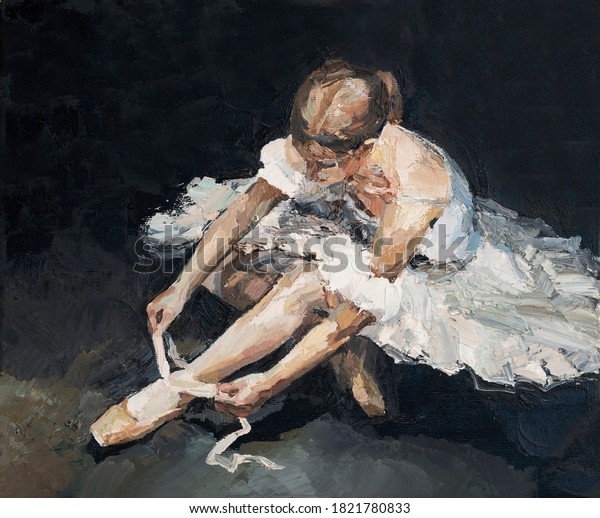 Young beautiful ballerina in lush white and\
light white dress sits on the floor before the performance, the\
background is black. Oil painting on\
canvas.