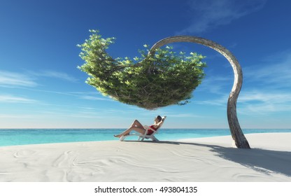 Young beautiful woman relaxing in a sunbed under a bent tree by the ocean. This is a 3d render illustration