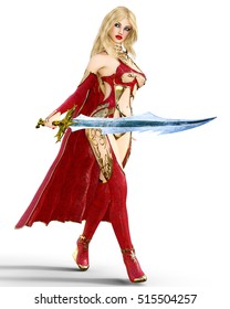 若い美しい女性戦士の赤いセクシードレススネークスキン 金髪は強い刀を持つ 挑発的な挑発的なポーズをした女の子 写実的な3dレンダリングの分離イラスト のイラスト素材