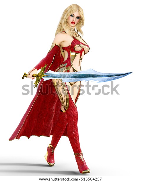 若い美しい女性戦士の赤いセクシードレススネークスキン 金髪は強い刀を持つ 挑発的な挑発的なポーズをした女の子 写実的な3dレンダリングの分離イラスト のイラスト素材