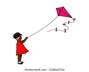 A Young Black African American Female Girl Flying A Kite. Outdoor Activity In Spring And Summer Season. Isolated On White Background With Copy Space.