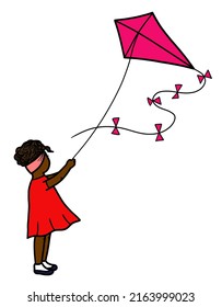 A Young Black African American Female Girl Flying A Kite. Outdoor Ativity In Spring And Summer Season. Isolated On White Background With Copy Space.