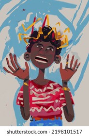 Young Black Boy Raises His Arms, He Wears A Graffiti Crown, Graffiti Painting