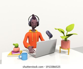 Young black guy making an online podcast recording for his online show, funny cartoon characters, trendy 3d illustration. African american radio host using  microphone for a rad - Powered by Shutterstock