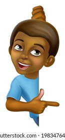 A young black little boy cartoon child character kid peeking around a background sign and pointing. 3D illustration