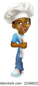 A young black little boy cartoon child character chef, cook or baker kid peeking around a background sign and giving a thumbs up.