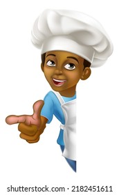 A Young Black Little Boy Cartoon Child Character Chef, Cook Or Baker Kid Peeking Around A Background Sign And Pointing.