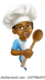 A Young Black Little Boy Cartoon Child Character Chef, Cook Or Baker Kid Peeking Around A Background Sign And Pointing With A Wooden Spoon.