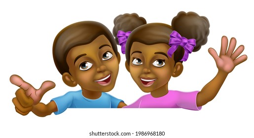 Young black little girl and boy kids children cartoon characters peeking over a background sign pointing and waving.