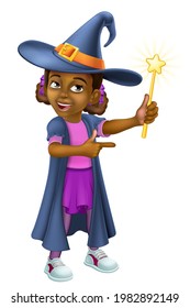 A Young Black Little Girl Cartoon Child Character Dressed In Halloween Witch Costume Holding A Magic Wand And Pointing. 3D Illustration