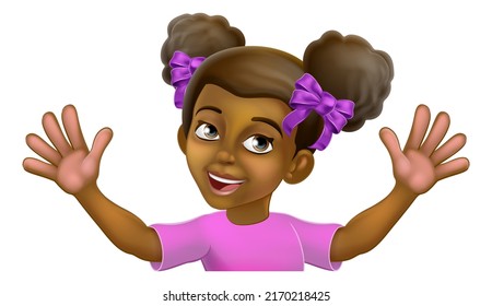 A Young Black Little Girl Cartoon Child Character Kid Peeking Over A Background Sign And Waving