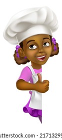 A Young Black Little Girl Cartoon Child Character Chef, Cook Or Baker Kid Peeking Around A Background Sign And Giving A Thumbs Up.