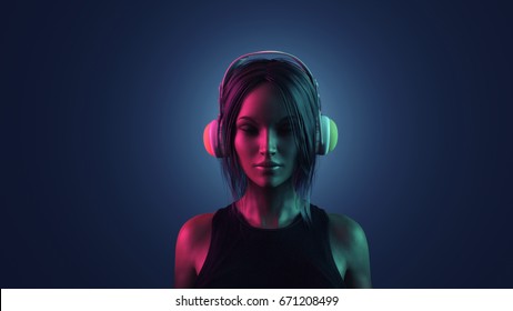 Young black woman listening at headphones. This is a 3d render illustration - Powered by Shutterstock