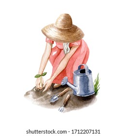 Young Blonde Woman In Straw Hat Works In Garden. Garden Girl With Watering Can, Shovel And Fork. Watercolor Illustration Isolated On White Background, Hand Drawn Clipart.