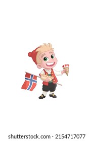 Young Boy In Bunad - Norwegian Folk Costume. May 17th Norway Constitution Day Celebration. Cartoon Illustration Isolated.