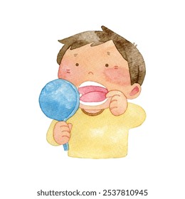 Young boy looking at his teeth in the hand mirror | Watercolor stock illustration - Powered by Shutterstock