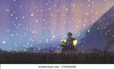 A Young Boy Plays Guitar In The Meadow And Looking At The Beautiful Sky, Digital Art Style, Illustration Painting