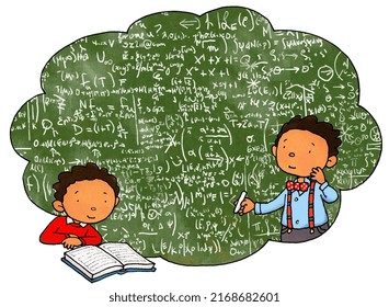 A Young Boy Reading A Book And Imagining Himself Working Out A Complex Math Problem On A Chalkboard.