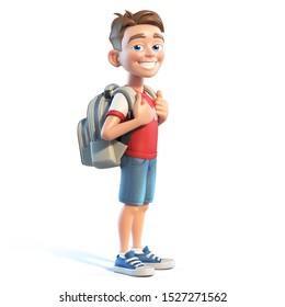 Young boy with school bag, stylized cartoon character,  school kid 3d rendering