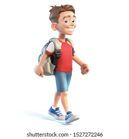 Young boy with school bag walking, stylized cartoon character,  school kid 3d rendering