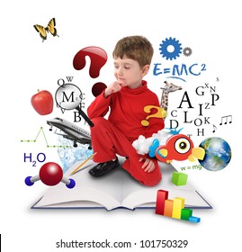 A young boy is sitting on a big with different science, math and physics icons around him on a white background. Use it for a school or learning concept.