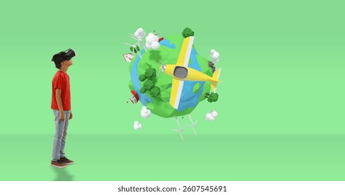 Young boy using VR headset exploring virtual world with 3D animated planet. Virtual reality, gaming, technology, innovation, exploration, simulation