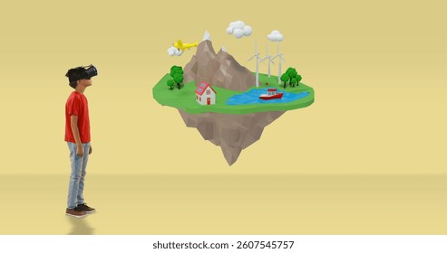 Young boy using VR headset exploring virtual floating island with wind turbines. Virtual reality, technology, innovation, exploration, environment, sustainability