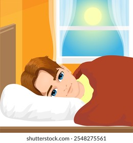 young boy waking up in his bed - Powered by Shutterstock