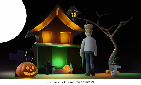 Young Boy Walking To A Haunted House On A Full Moon Night On Halloween. Halloween 3D Rendering.