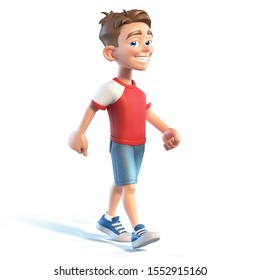 Young boy walking, stylized cartoon character, school kid 3d rendering