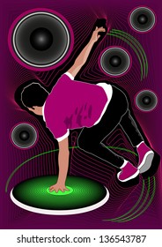 Young break dancer  shows footwork during battle or party on abstract background with loudspeakers and vinyl player