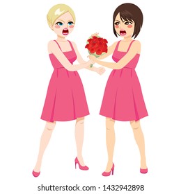 Young Bridesmaid Women Fighting For Roses Bouquet