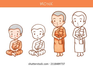 Young Buddhist Monk Cartoon Characters Illustration