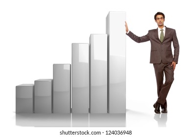 young business man leaning on bar graph - Powered by Shutterstock