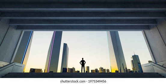 Young Business Man Standing In The Exit Of The Underground Watching The Modern City Sunrise View, Business Ambition Concept. 3d Rendering