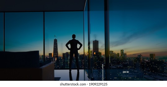 Young Business Man Standing In The Office Watching The Modern City Sunrise View Outside The Window, Business Ambition Concept. 3d Rendering