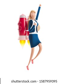 Young Business Woman Emma Flying Off With Jet Pack. 3d Illustration. Business Concept Career Boost, Start Up And Growth