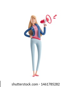 Young Business Woman Emma Standing With Speaker On A White Background. 3d Illustration