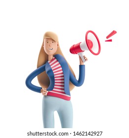 Young business woman Emma standing with speaker on a white background. 3d illustration