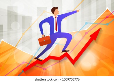 Young Businessman Going Up On Growing Steps Arrow And Points Forward In Direction Of Movement With Business Statistics Chart Showing Various Visualization Graphs On Background