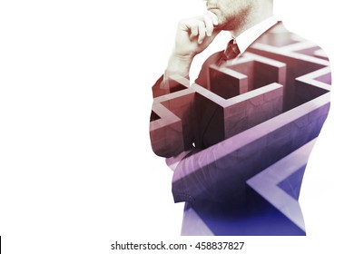 Young Businessman Thinking About Ways To Overcome Business Obstacle. Isolated On White Background With Maze And Copy Space. Double Exposure