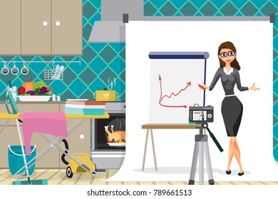 Young Businesswoman Is Conducting A Business Webinar In The Kitchen. A Housewife Girl Works From Home Via The Internet. Flat Cartoon  Illustration