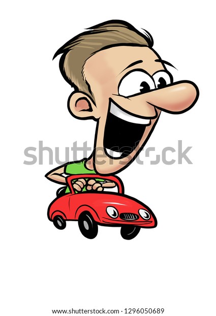 Young cheerful
man driving fast red retro
car