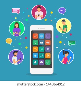 Young children are near a large smartphone and using phones to read news and communicate. Flat design. - Powered by Shutterstock