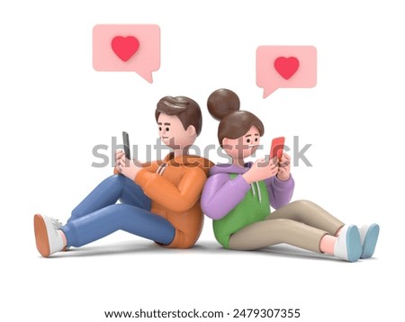 Young couple declaration of love by message on mobile.3D rendering on white background.
