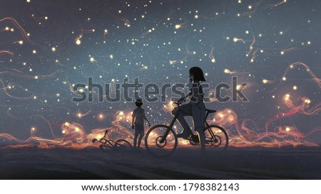 young couple look at mysterious light in the night sky, digital art style, illustration painting