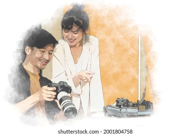 Young couple looking at camera and computer LCD screen for review check and discuss photos shoot. Abstract digital painting of happy Asian man and woman photographer smiling works together. copy space - Powered by Shutterstock