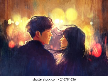 young couple in love outdoor.digital painting - Powered by Shutterstock