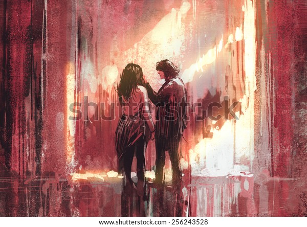 young couple in love outdoor, digital painting, illustration.
